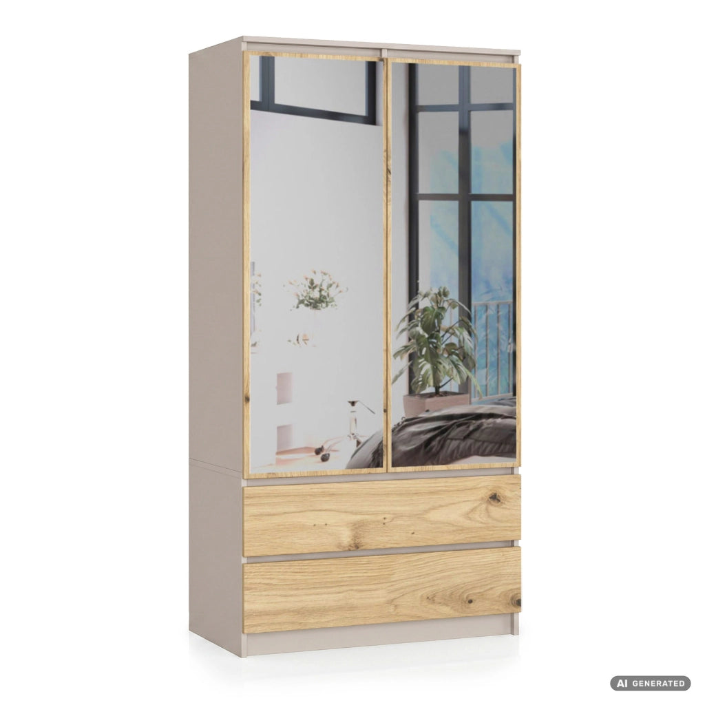 Armadio S90 con specchio integrato Cashmere 90 cm 2 ante 2 cassetti Colore dei frontali Rovere Artisan 4 ripiani 90x51x180 cm