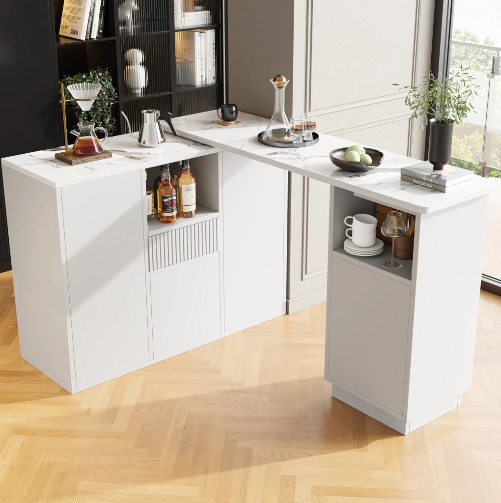 Bancone bar girevole 210x30x100.9 cm con design rotante e piano effetto marmo in MDF bianco