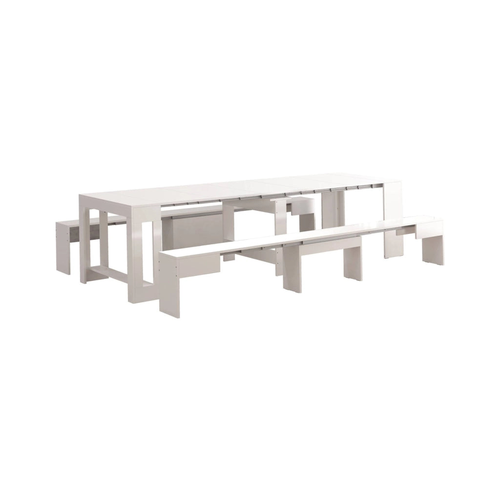 Panca Quedan, Set di 2 sedute per tavolo da pranzo, Panche allungabili, 290x25h45 cm, Bianco lucido