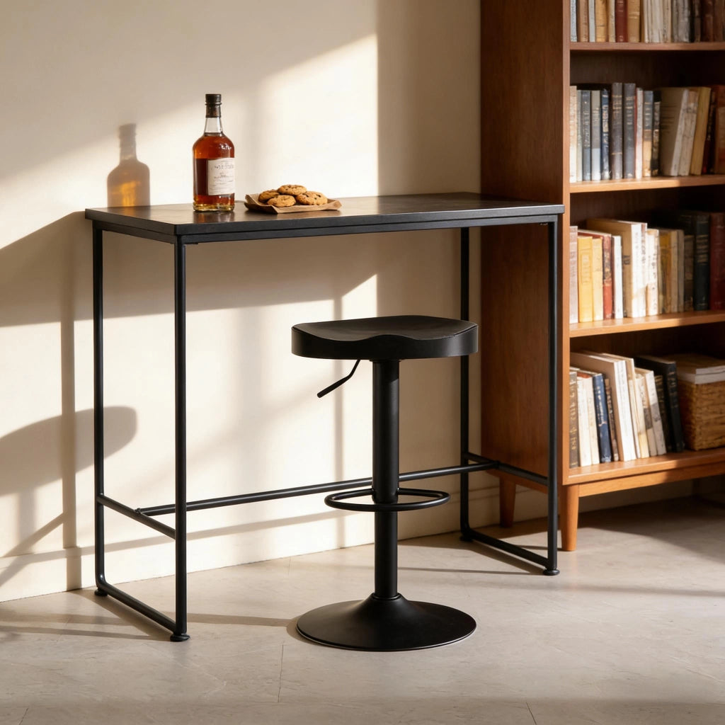 Sgabello da bar girevole e regolabile in altezza con seduta ergonomica in legno massello e base a tromba in metallo nero