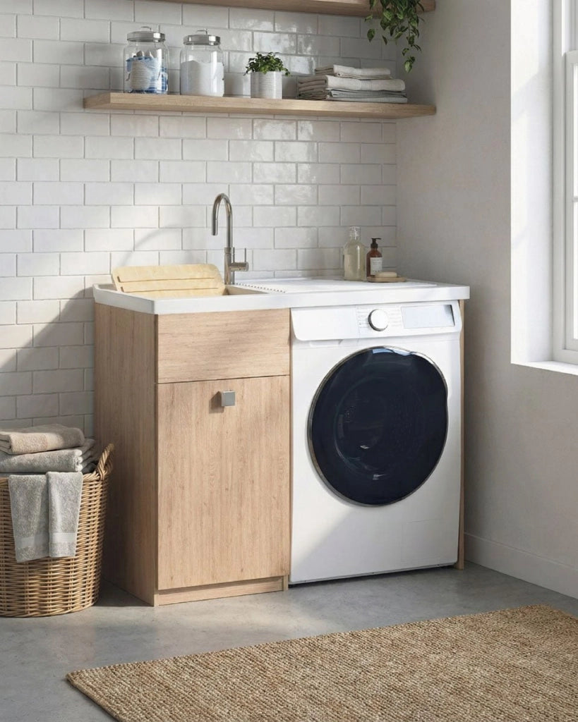 Mobile coprilavatrice Brilla Dx - Con 1 anta e lavatoio  Contenitore salvaspazio per bagno e lavanderia - Lavatrice non inclusa - Virginia - 109x93x60 cm_