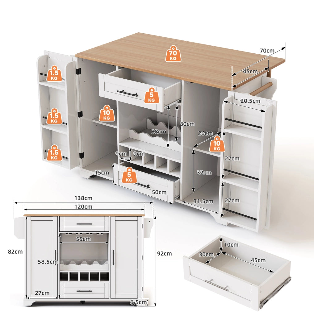 Carrello cucina con piano estraibile 138x45/70x92 cm; bianco e naturale in MDF