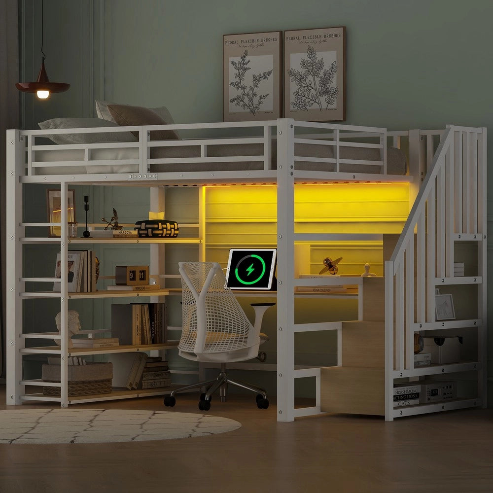 Letto a Soppalco con Scrivania, Cassetti, LED e USB ¨C MINIMAL ¨C Metallo Bianco 140x200