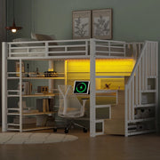 Letto a Soppalco con Scrivania, Cassetti, LED e USB ¨C MINIMAL ¨C Metallo Bianco 140x200