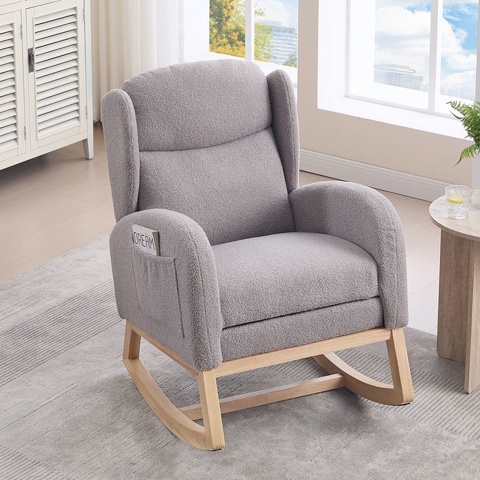 Sedia a dondolo per allattamento - Xylo - Struttura in legno, tessuto Teddy, poggiapiedi regolabile, grigio