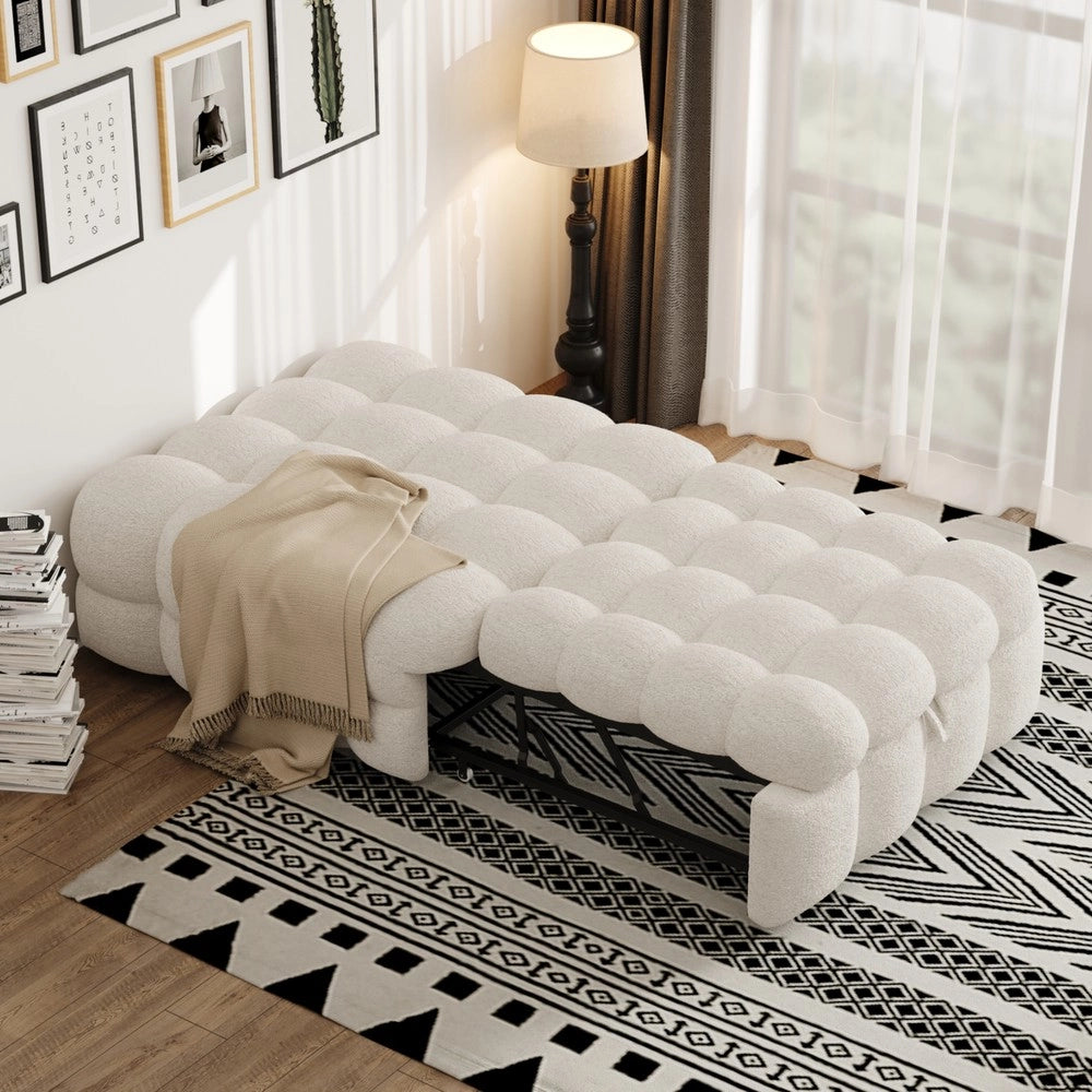 Letto Singolo Imbottito con Pouf ¨C MINIMAL ¨C Tessuto Teddy Beige