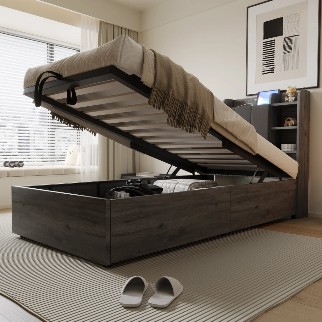 OKWISH Letto contenitore 90×200 cm, Letto Singolo con Contenitore idraulico, USB, Tipo C e Vani, senza Materasso, MDF, Grigio