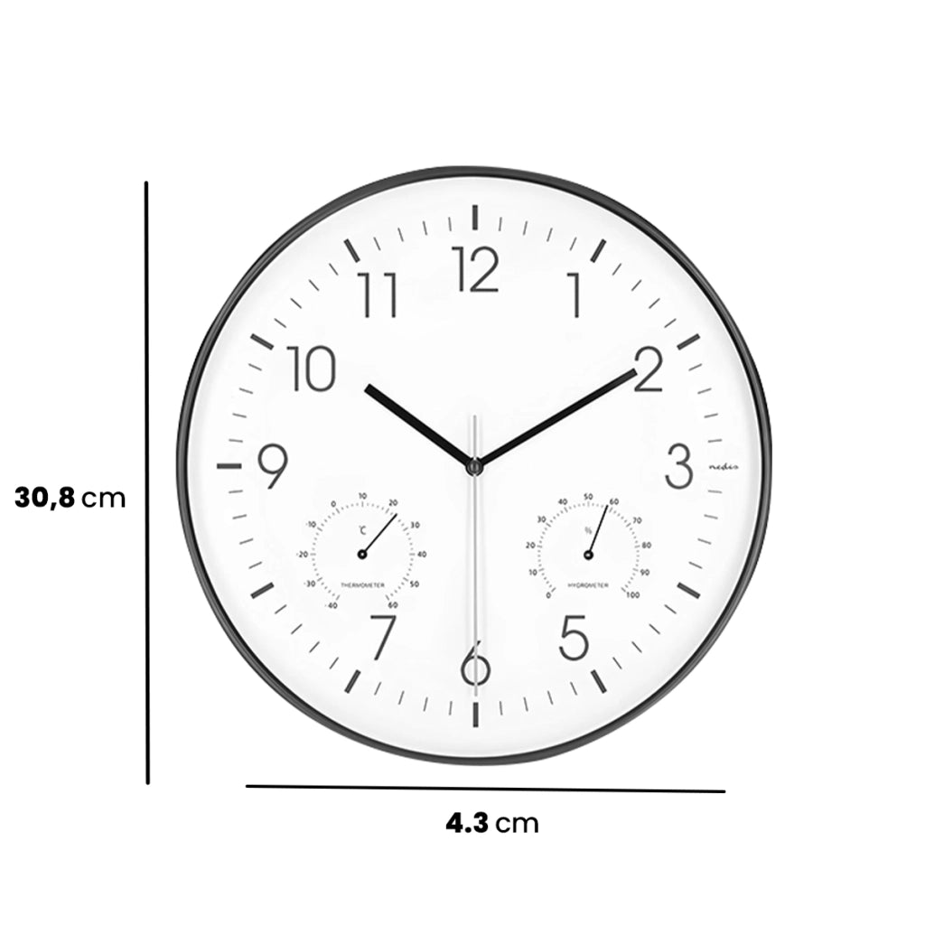 Orologio da Parete 30 cm con Termometro Igrometro Movimento Silenzioso Bianco / Nero Nedis