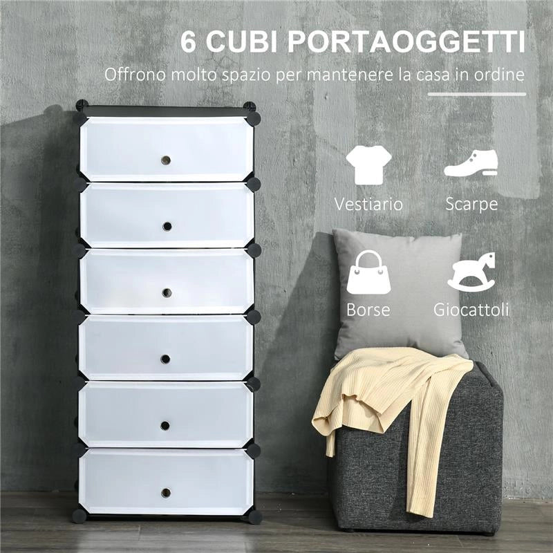 SCARPIERA MODULARE SALVASPAZIO CON 6 SCATOLE IN PLASTICA PP E ACCIAIO, 49X36.5X108 CM, NERO E TRASPARENTE