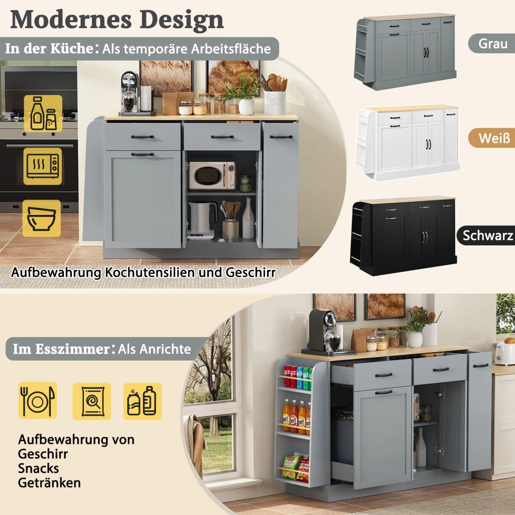Credenza con vani aperti e scomparto per bidone - per cucina e sala da pranzo - 133.5×40×86 cm - grigio