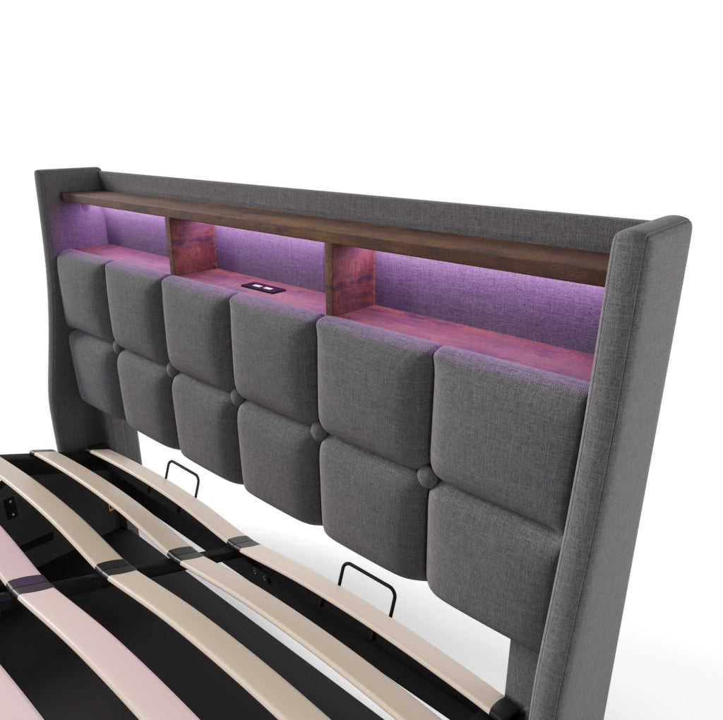 Letto matrimoniale 160x200 cm imbottito con LED e USB; in lino grigio; con contenitore