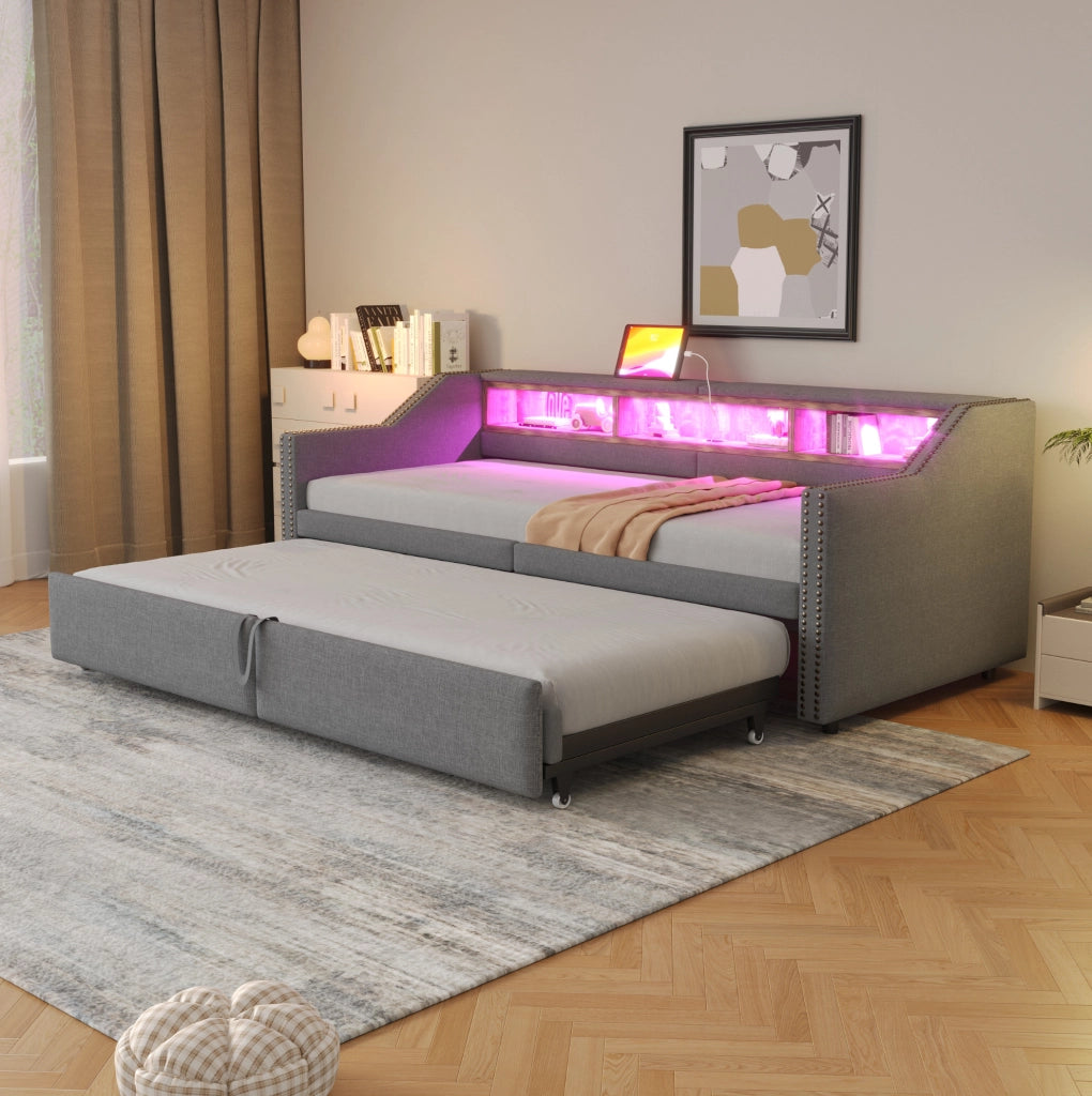 Divano letto imbottito estraibile 90/180 x 200 cm con LED; USB e contenitore; grigio chiaro