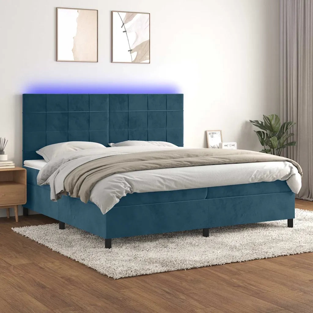 Letto a Molle con Materasso e LED Blu Scuro 200x200 cm