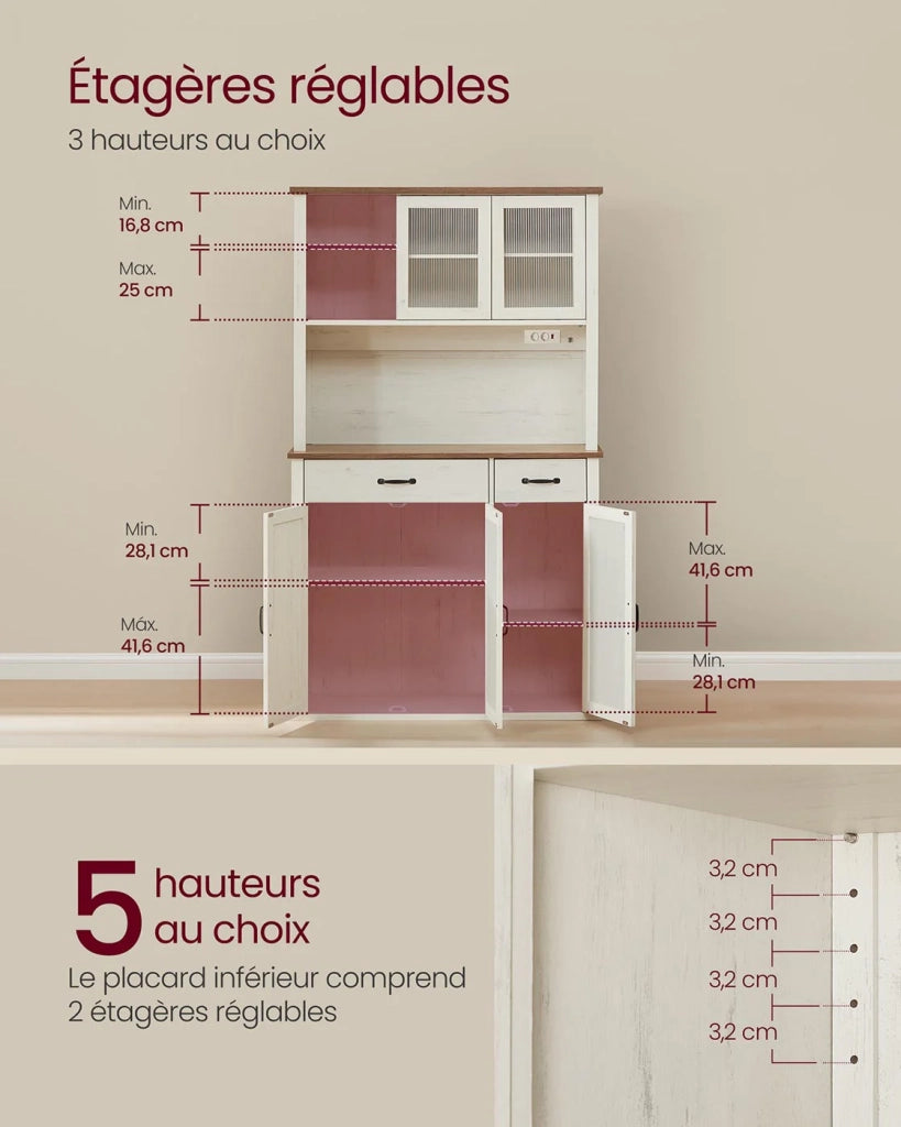 Mobile contenitore con luci e caricabatterie mobile da cucina con ante e cassetti 395 x 1065 x 1806 cm ripiani regolabili stile country beige 12_0006412