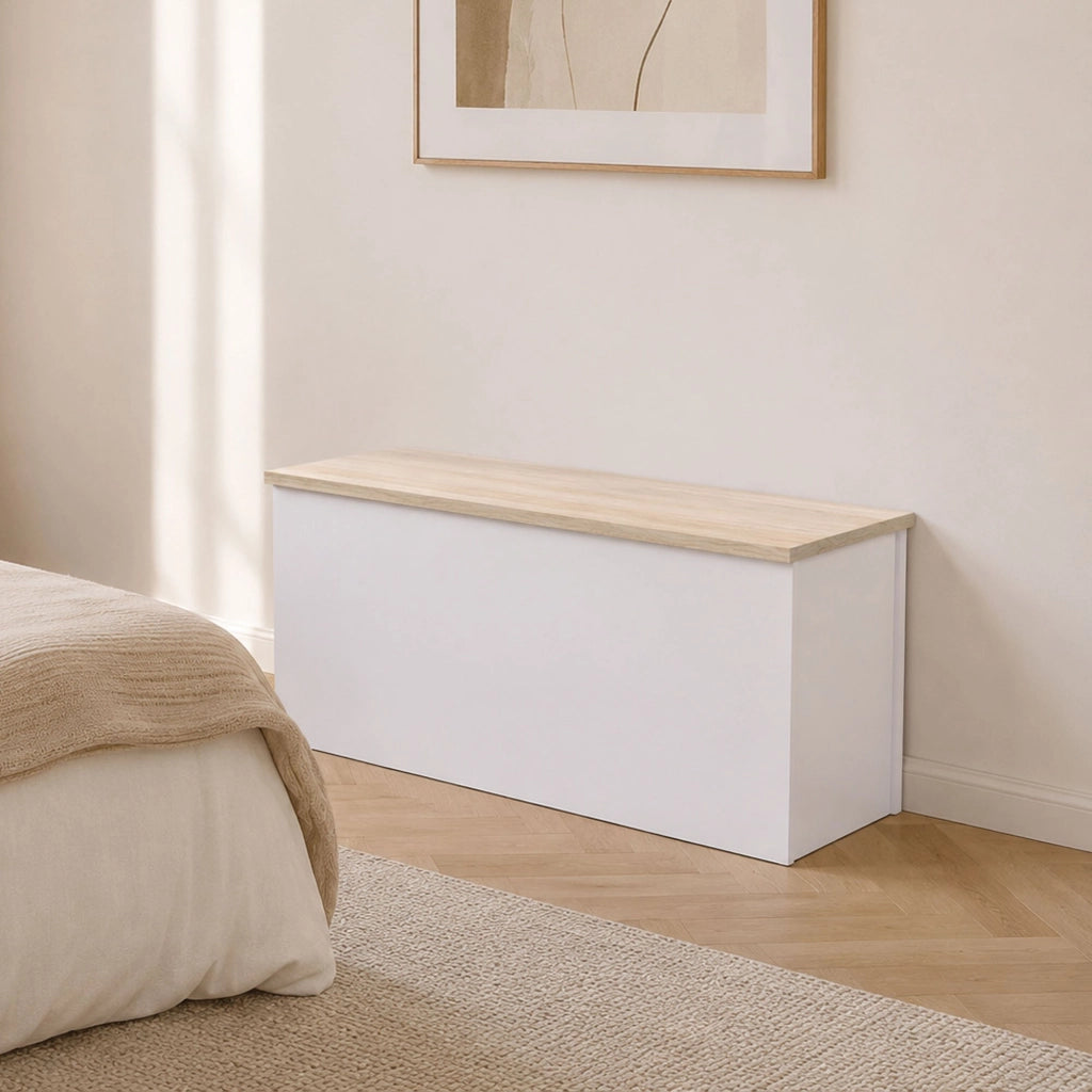 Baule Ayusnay, Capiente box contenitore multiuso, Cassapanca moderna, Made in Italy, Cm 90x45h45, Bianco e Rovere
