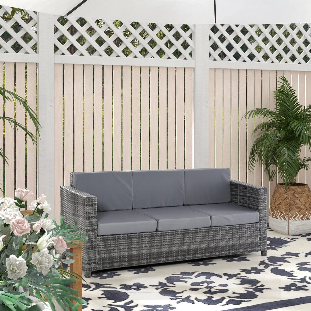 Divano da Esterno 3 Posti in Rattan PE e Metallo con Cuscini per Seduta e Schienale, 185x70x80 cm, Grigio