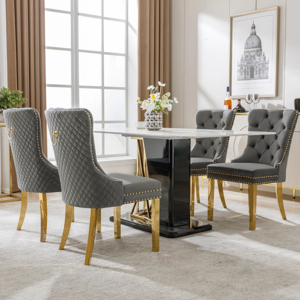 OKWISH Set di 4 Sedie da Sala da Pranzo con Anello sullo Schienale e Bordo Borchiato, Piedini Regolabili, Velluto Grigio