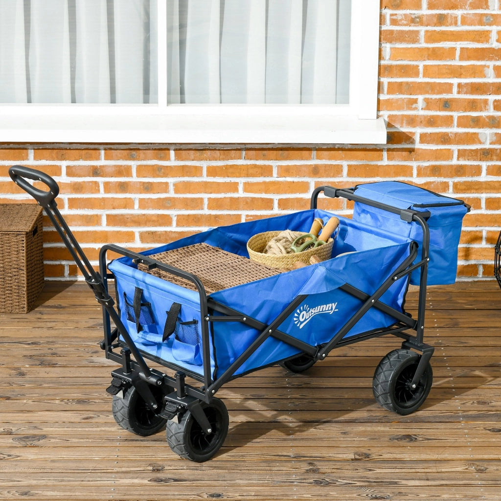 Carrello da Giardino 110L con Maniglia Telescopica e Borsa Termica  in Acciaio e Tessuto Blu