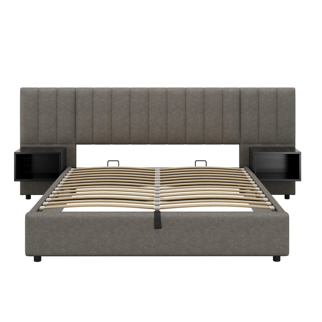 OKWISH Letto contenitore 160×200 cm, Letto Matrimoniale con Sollevamento Idraulico, 2 Comodini e Doghe in Legno, senza Materasso, Lino Grigio Nero