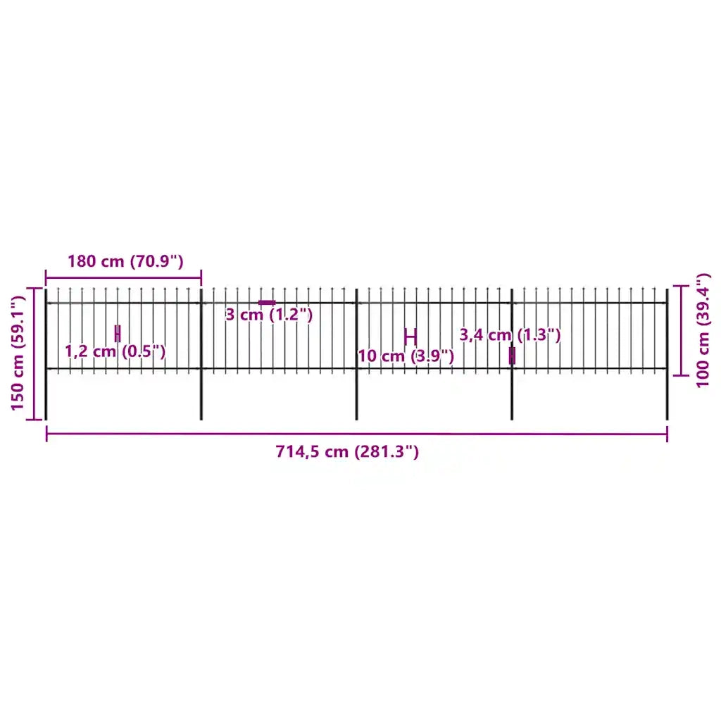 Recinzione da Giardino con Punta a Lancia in Acciaio 714,5x100 cm Nero 277614