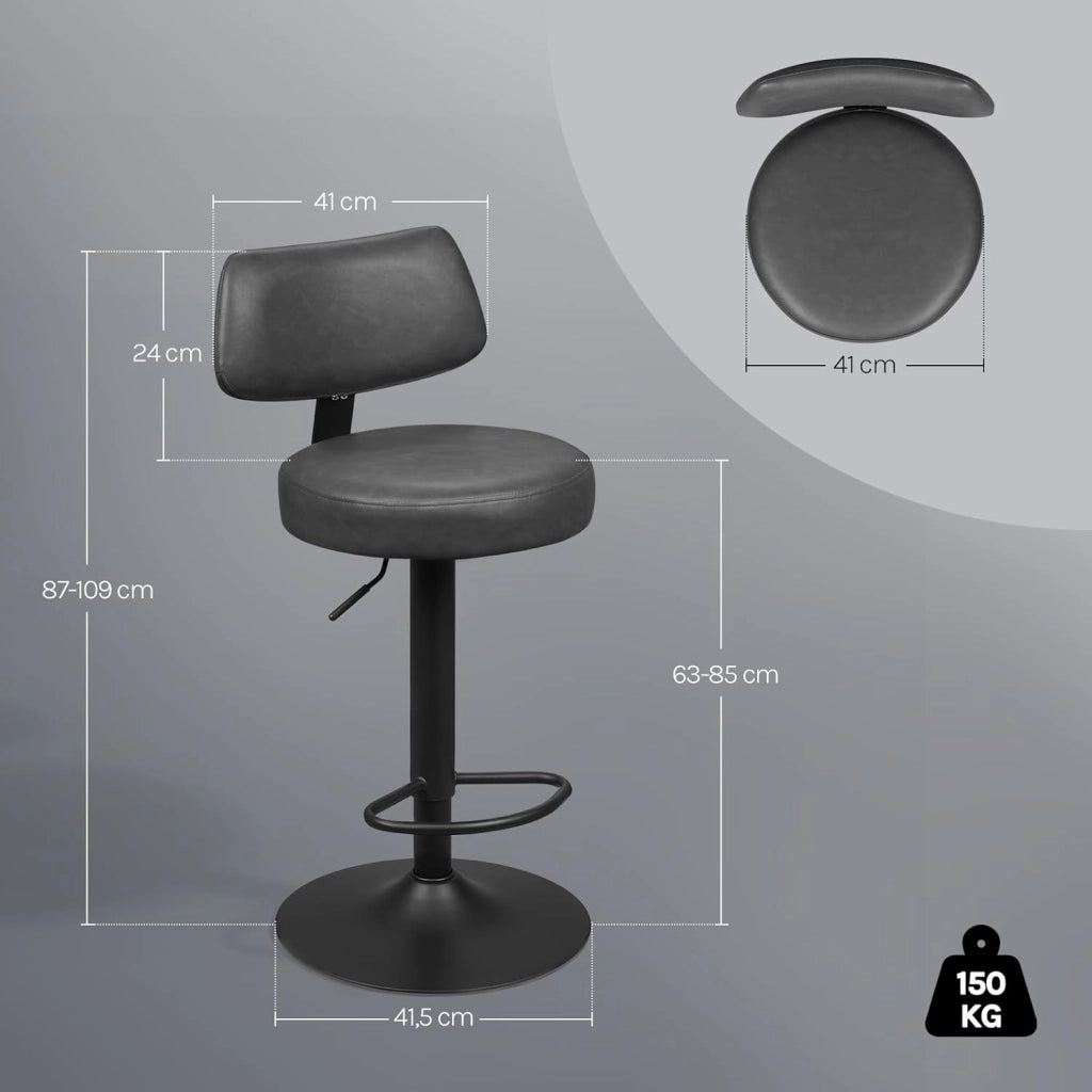 Sgabelli Cucina Set di 2, Girevoli a 360° e Regolabili in Altezza, Sedie da Bar con Schienale e Poggiapiedi, in Pelle Sintetica e Metallo, per Cucina, Bar, Ristorante, Antracite