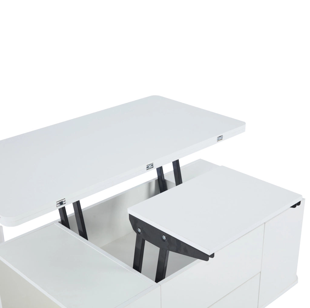 Tavolino da caffè sollevabile 100x50x45 cm bianco, 4 sgabelli, contenitore