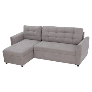 Divano Letto 3 Posti con Chaise Longue Contenitore 217x134x85 cm in Tessuto Effetto Lino Grigio