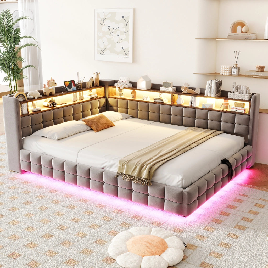 Divano letto imbottito 217x155.5x85 cm con vano contenitore; prese; LED; legno; grigio chiaro
