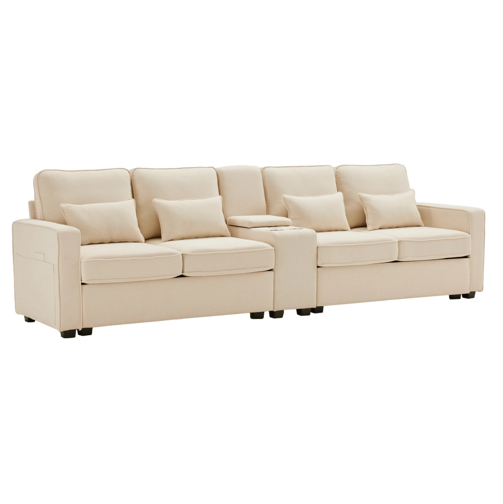 Divano 4 posti beige con USB, portabicchieri e vano contenitore