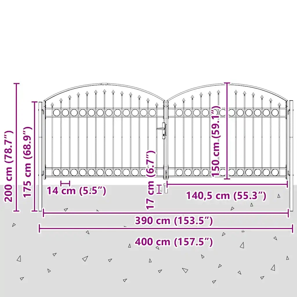 Cancello per recinzione ASSEN a doppia anta con parte superiore ad arco in acciaio 400x150 cm 143094