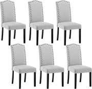 6 Pezzi Sedie per Sala da Pranzo con Schienale Alto, Sedie da Cucina con Gambe in Legno Massello, Sedia da Soggiorno Imbottite, Decorazione con Rivetti, in Lino, Grigio chiaro, BH386hgr-6