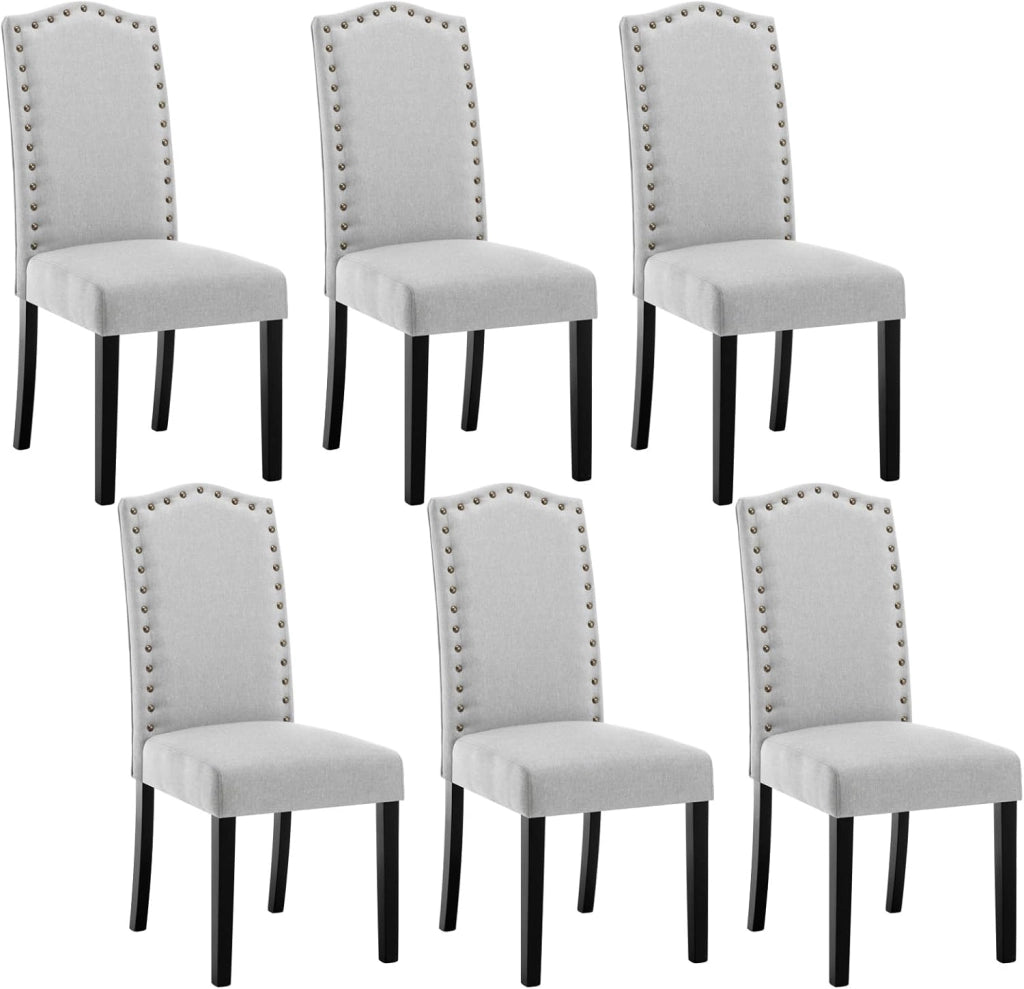 6 Pezzi Sedie per Sala da Pranzo con Schienale Alto, Sedie da Cucina con Gambe in Legno Massello, Sedia da Soggiorno Imbottite, Decorazione con Rivetti, in Lino, Grigio chiaro, BH386hgr-6