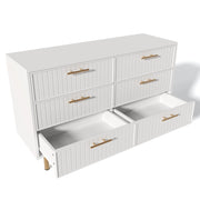 Cassettiera con 6 Cassetti con Piedi in Metallo e Maniglie Dorate; Frontali Rigati; in Pannelli; Bianco; 120??40??75 cm