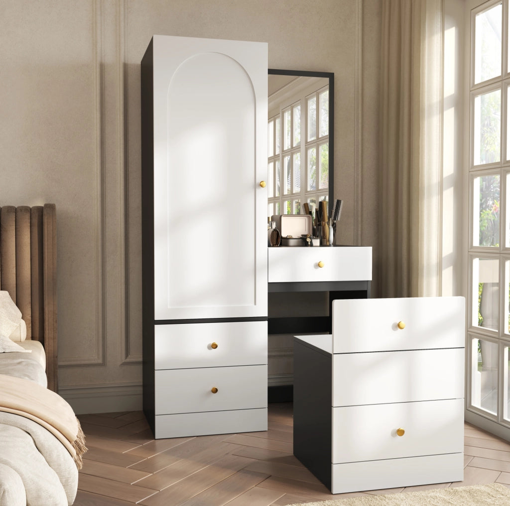 Armadio combinato con specchio a figura intera e sgabello estraibile 90x50;5x160 cm; MDF bianco e nero