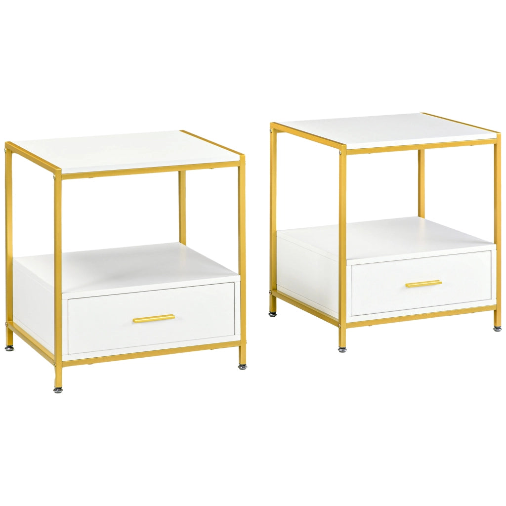 Set di 2 Comodini per Camera da Letto, Comodini Moderni Eleganti con Cassetto e Ripiano Aperto, 50x40x55cm, Bianco e Oro