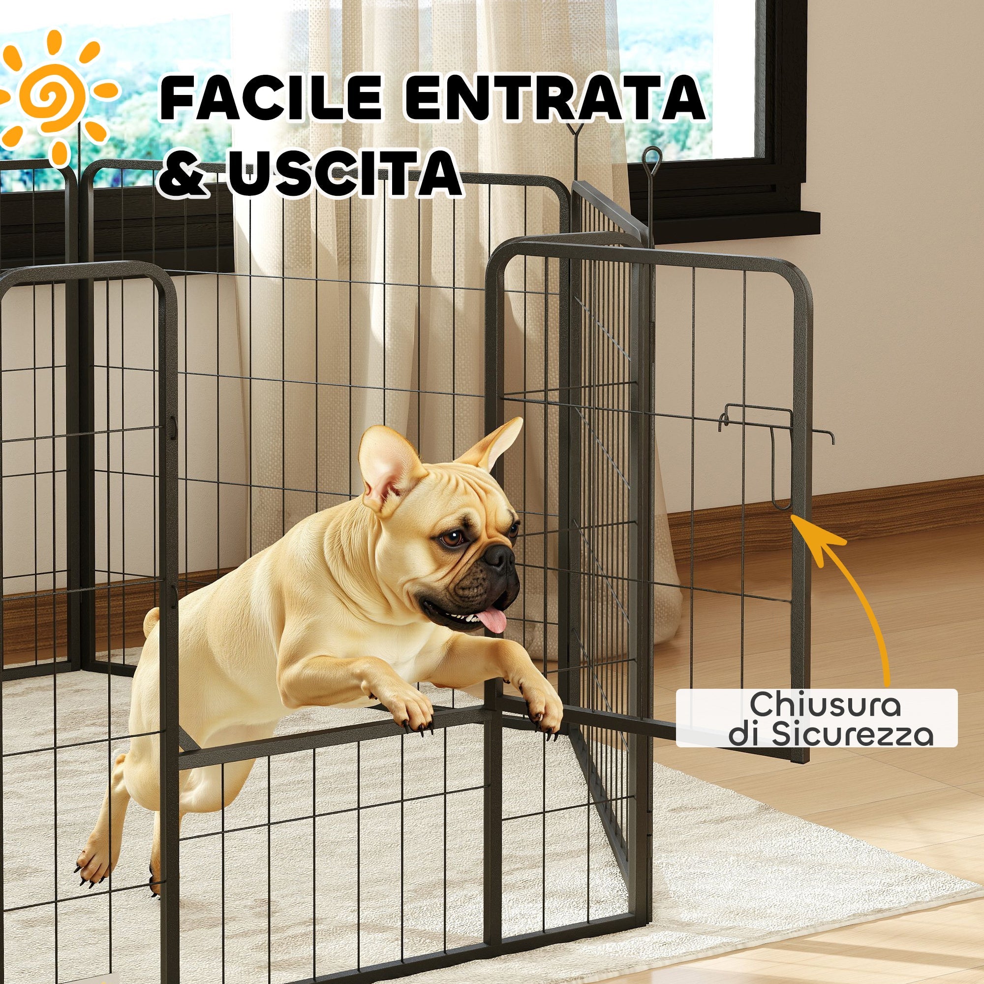 Recinto per Cani a 6 Pannelli Modulabili da 80x1,5x80A cm con Porta di Ingresso in Acciaio Nero