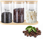 Set di 3 contenitori di vetro per conservazione con coperchi in bambù - ermetici per caffè in polvere, tè, zucchero - organizzatore per la cucina con etichette e cassetto (3,34 x 5,9 pollici)