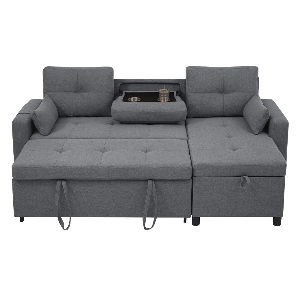 Divano angolare L modulare letto estraibile con vano contenitore e portabicchieri in lino grigio 211 × 136 × 87 cm