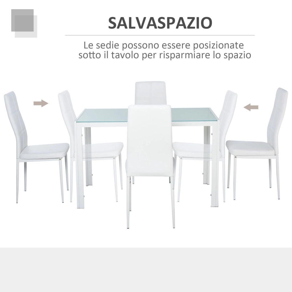 EasyComfort Set 5 Pezzi con 1 Tavolo e 4 Sedie per Cucina o Sala da Pranzo in Finta Pelle, Metallo e Vetro Temperato, Bianco