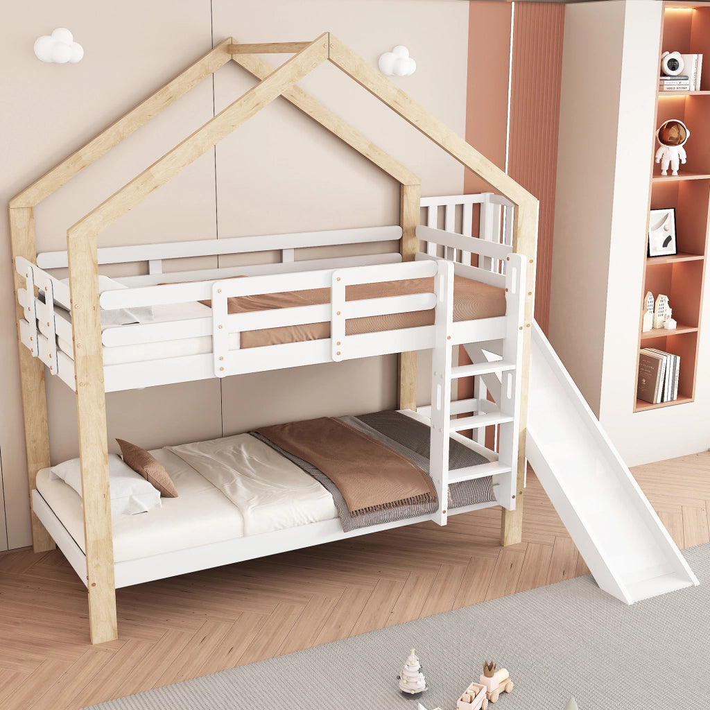 Letto a Castello 90x200 cm con Scivolo e Scala a 3 Gradini in Legno Bianco Naturale