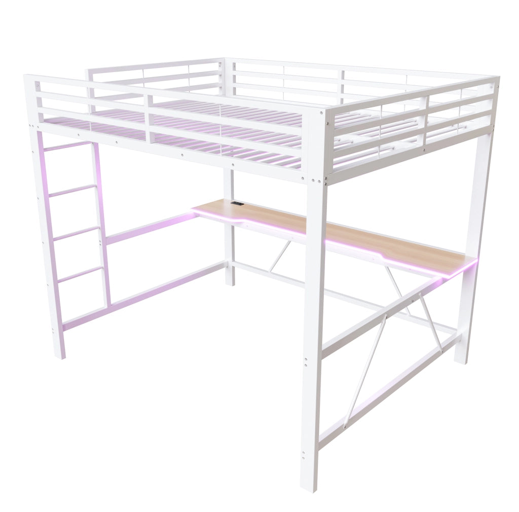 Letto a soppalco gaming 160x200 cm con scrivania e LED; in MDF e metallo; bianco