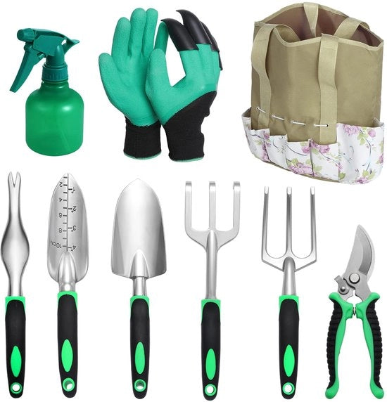 Set di attrezzi da giardino 9 pezzi, attrezzi da giardino, attrezzi da giardino in acciaio inossidabile, insieme da giardino con borsa di stoccaggio, regalo per appassionati di giardinaggio