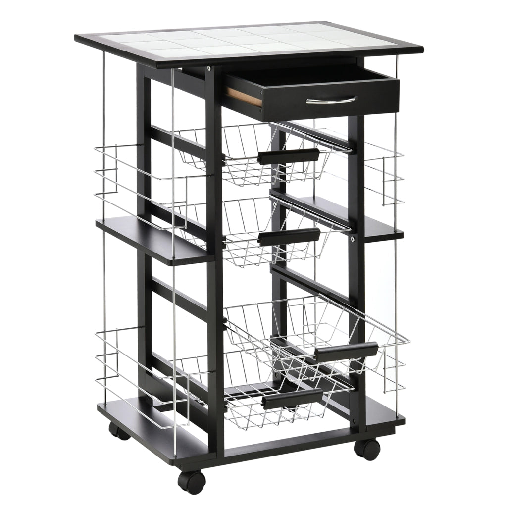 Carrello da cucina con ruote e cestini ¨C zephmum ¨C nero, bianco, legno, metallo, 4 cestini