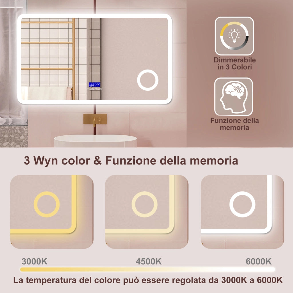 AICA Specchio da bagno  140 x 80 cm,  dimmerabile, Blue tooth,  Funzione Memoria, antiappannamento, 3 colori, Magnificatore,  orologio