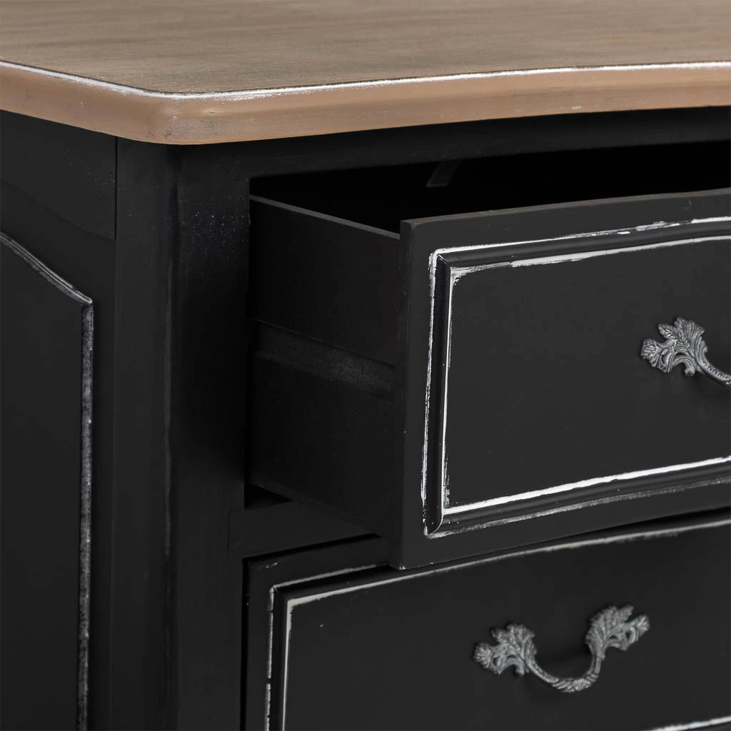 Comò in legno laccato nero invecchiato con 9 cassetti 120x51x84h cm