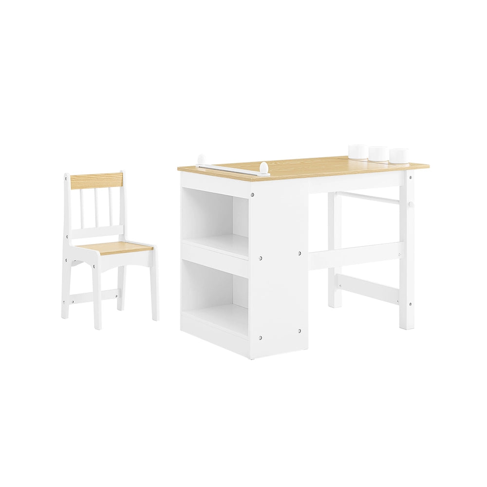 SoBuy Tavolino Bambini con 1 Sedia, Set Tavolo e Sedie per Bambini Multiattività con 2 Ripiani, Tavolo Disegno e Gioco, Sedia Scrivania Cameretta Bianco e Naturale 80x50x66cm KMB60-WN