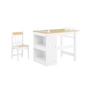 SoBuy Tavolino Bambini con 1 Sedia, Set Tavolo e Sedie per Bambini Multiattività con 2 Ripiani, Tavolo Disegno e Gioco, Sedia Scrivania Cameretta Bianco e Naturale 80x50x66cm KMB60-WN