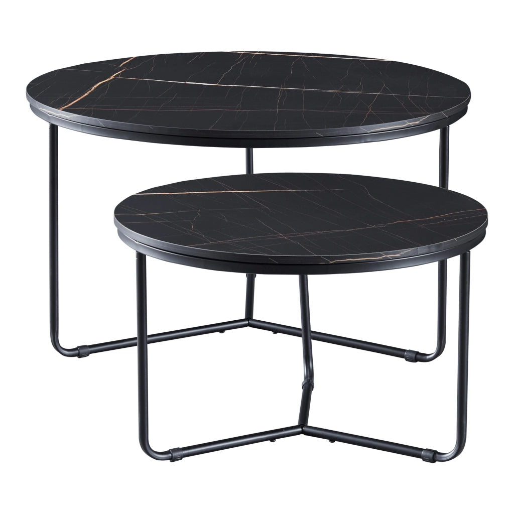 Set Poxdorf di 2 Tavolini Sovrapponibili Piano Rotondo Effetto Marmo Nero [en.casa]