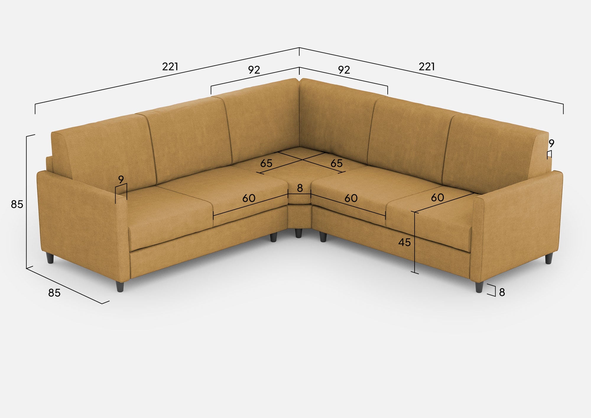 Divano Angolare 5 Posti 221x221x85 cm Karay in Tessuto Ocra