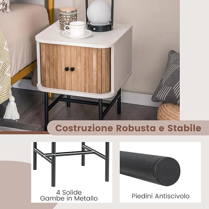 Comodino con Ante Scorrevoli, Comodino da Letto con Scomparto Chiuso, Tavolino Laterale con Gambe Metalliche, per Soggiorno, Camera da Letto, 40 x 39 x 49 cm (Bianco)